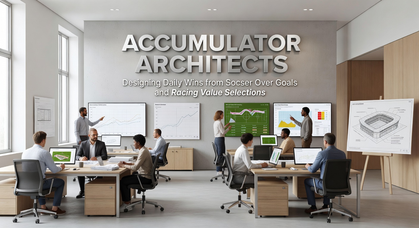 Digital blueprint of stacked soccer and horse racing bets forming a winning accumulator structure, highlighting over goals markets and value horse selections