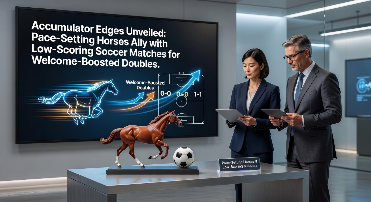 A pace-setting horse leading the pack in a race alongside a soccer match with a low scoreline, illustrating the double bet strategy