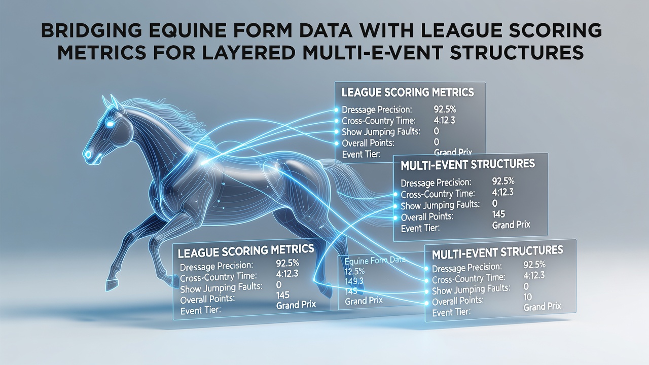 Equine performance data charts overlaid with league scoring graphs in a multi-event analytics dashboard
