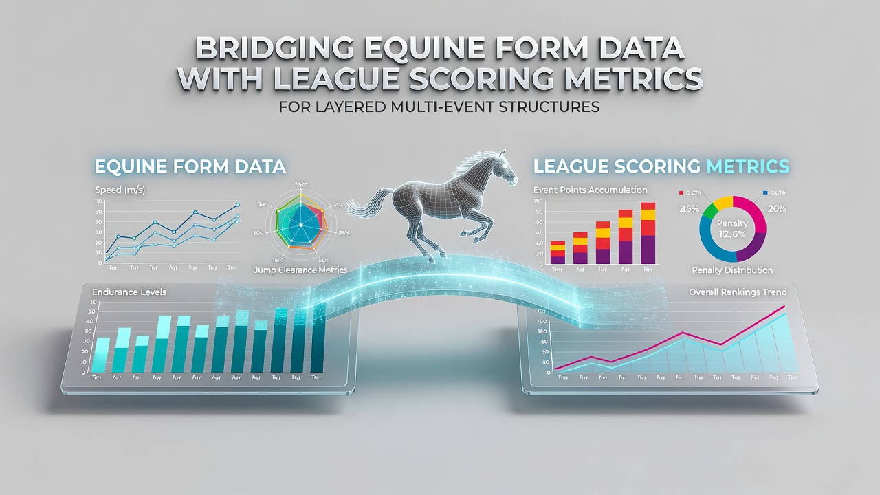 Analysts reviewing integrated equine and league metrics on dual monitors during a multi-event competition setup