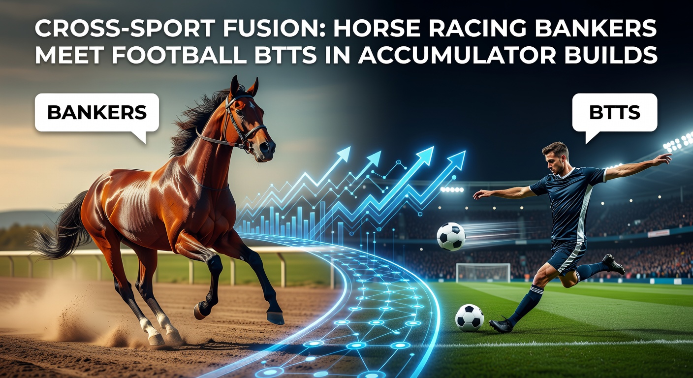 Vibrant illustration of a racehorse charging ahead alongside football players scoring goals, symbolizing cross-sport accumulator betting fusion