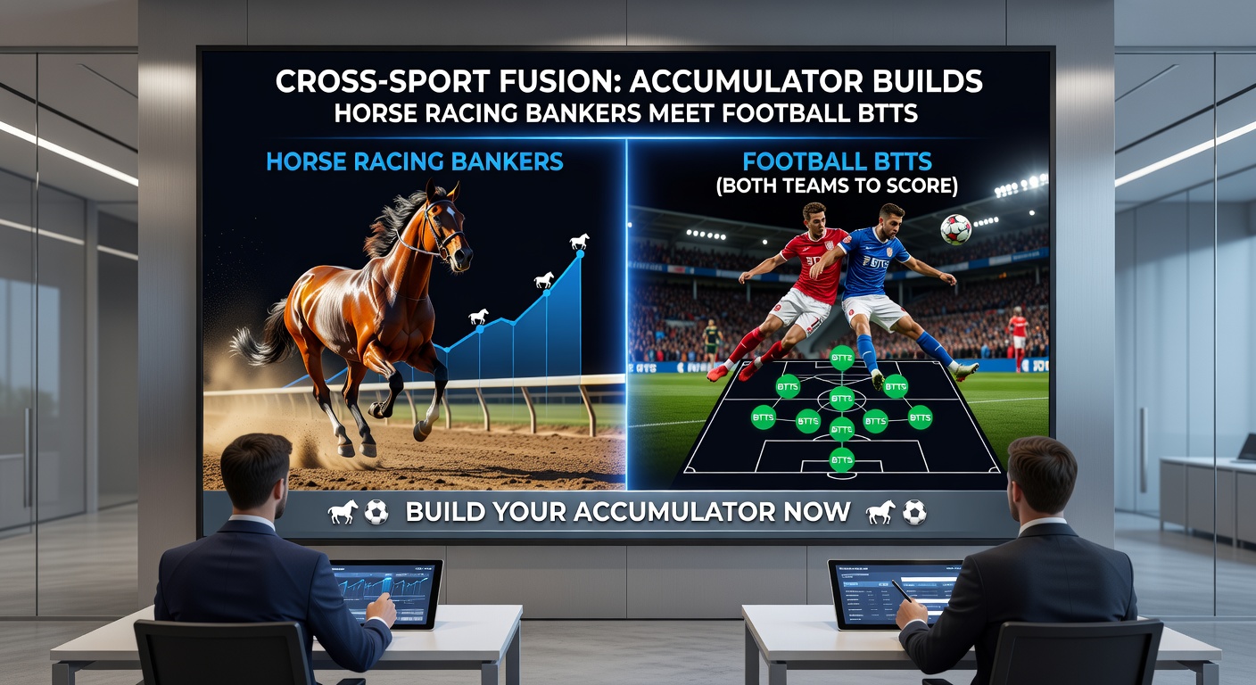 Dynamic split-image of a winning horse crossing the finish line and a football stadium erupting with dual goals, highlighting accumulator success