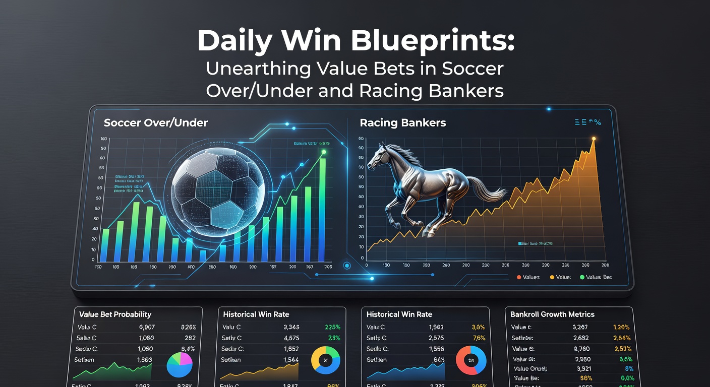Soccer pitch action with overlaid betting odds charts and a horse racing scene in the background, illustrating value bet strategies
