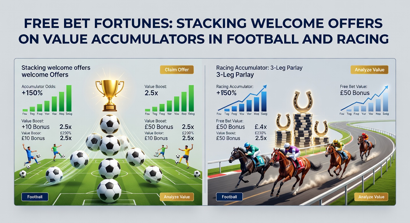 Bettors analyzing football matches and horse racing odds on multiple screens, highlighting accumulator strategies with free bet icons overlaid