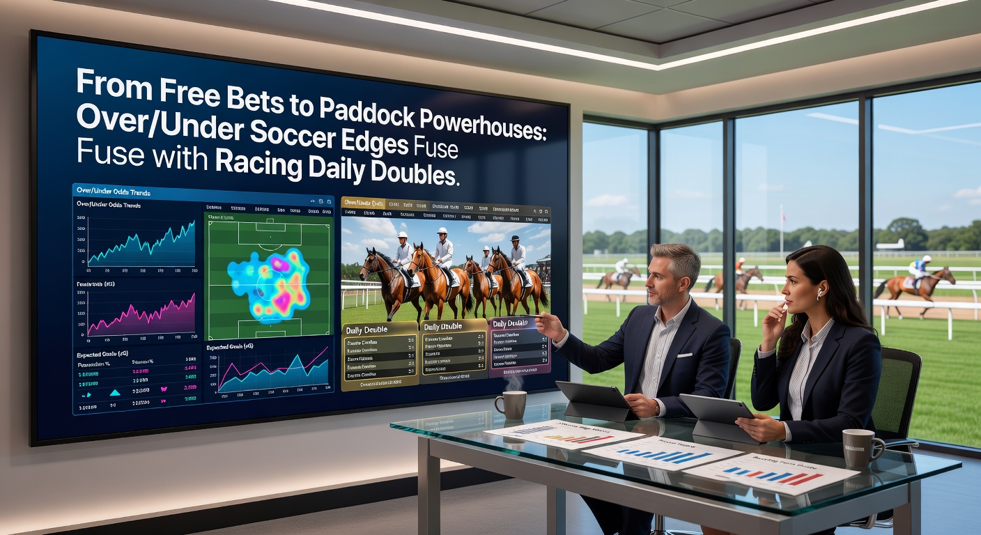 Soccer scoreboard showing over 2.5 goals beside a horse racing betting slip for a daily double, illustrating combined wagering strategy