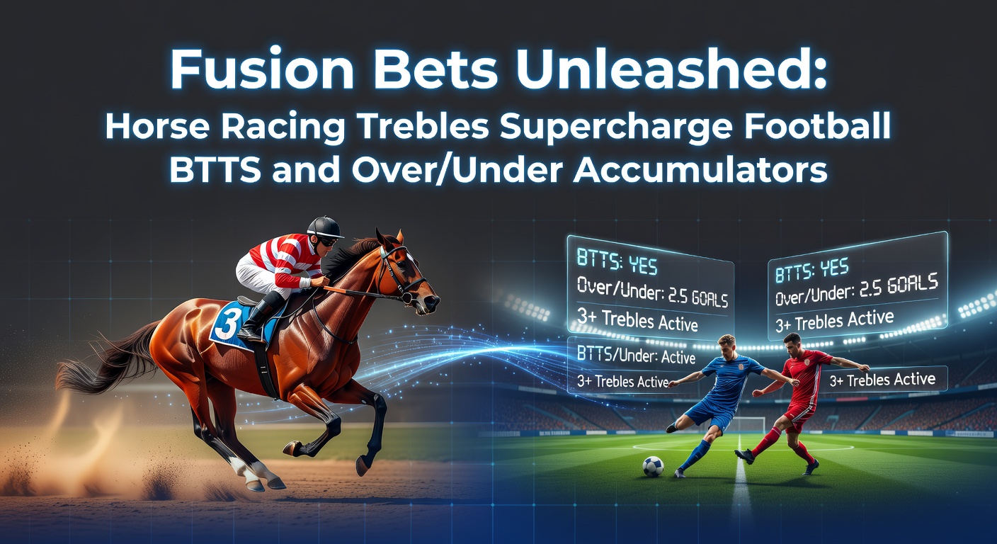 Dynamic graphic showing a high-stakes accumulator bet merging horse racing trebles with football BTTS and over/under markets, featuring galloping horses and exploding soccer goals