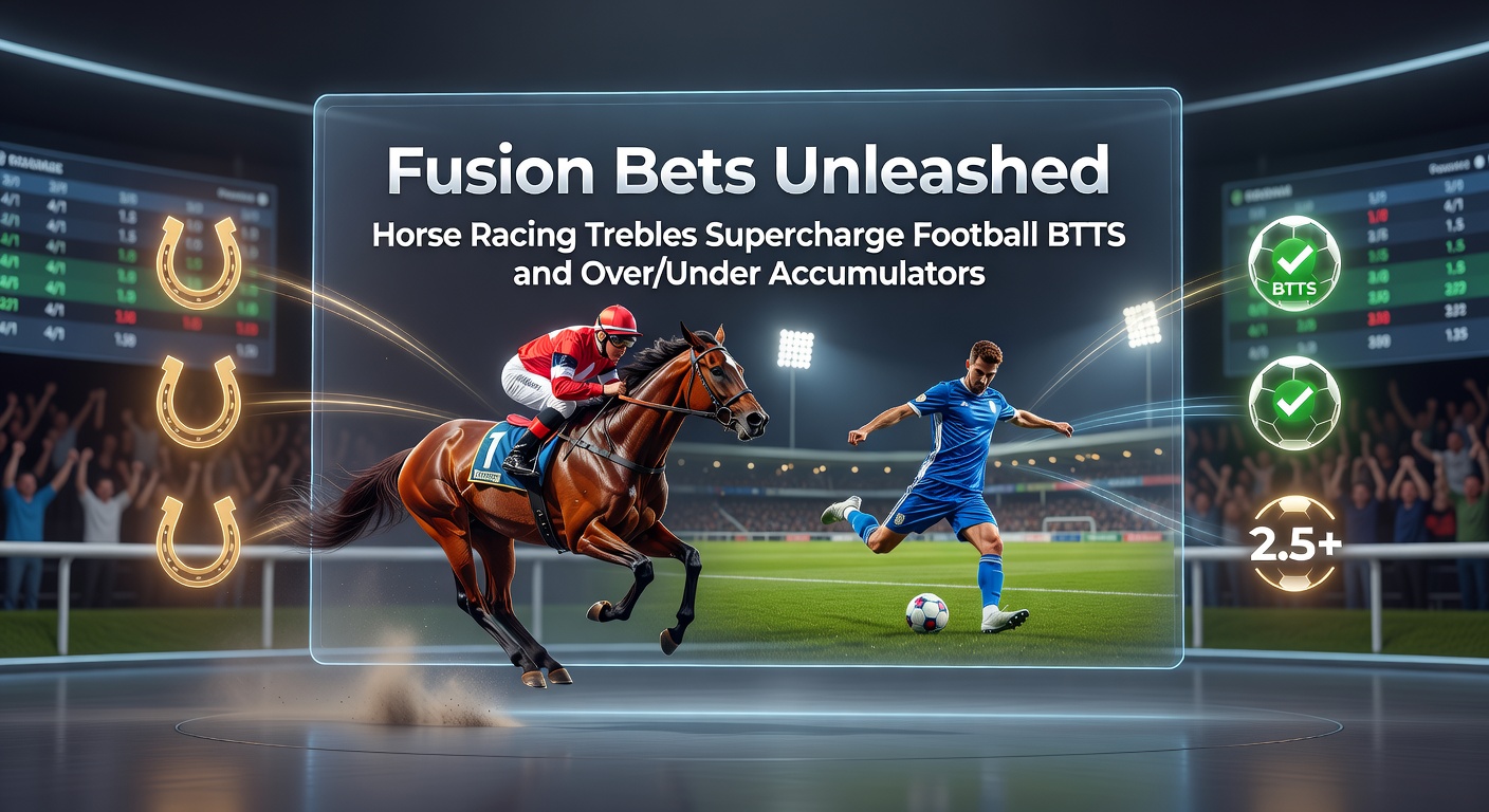 Close-up visualization of a successful fusion bet slip, highlighting horse racing winners fused with BTTS and over 2.5 goals selections from top football leagues