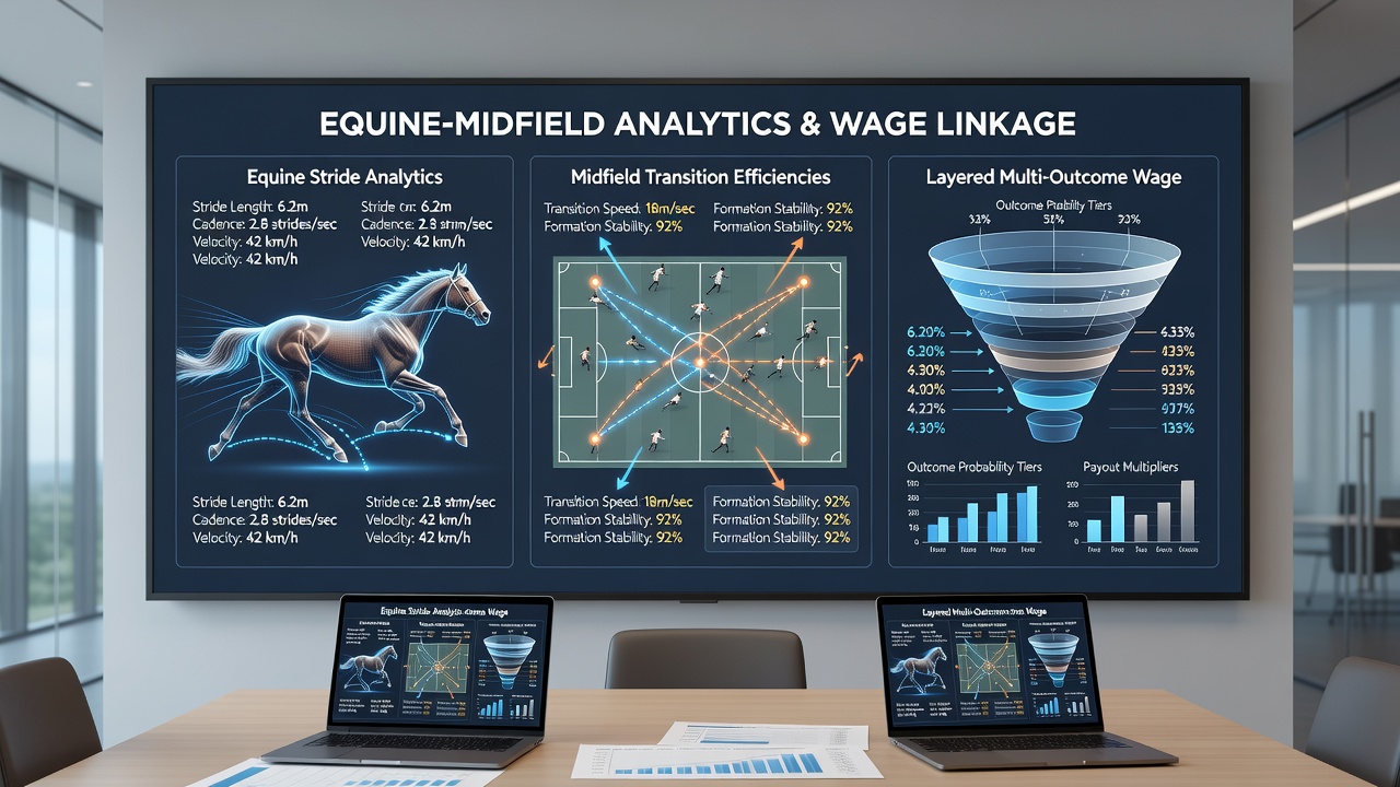 Analytics dashboard displaying combined equine stride graphs and soccer midfield transition heatmaps for wager construction