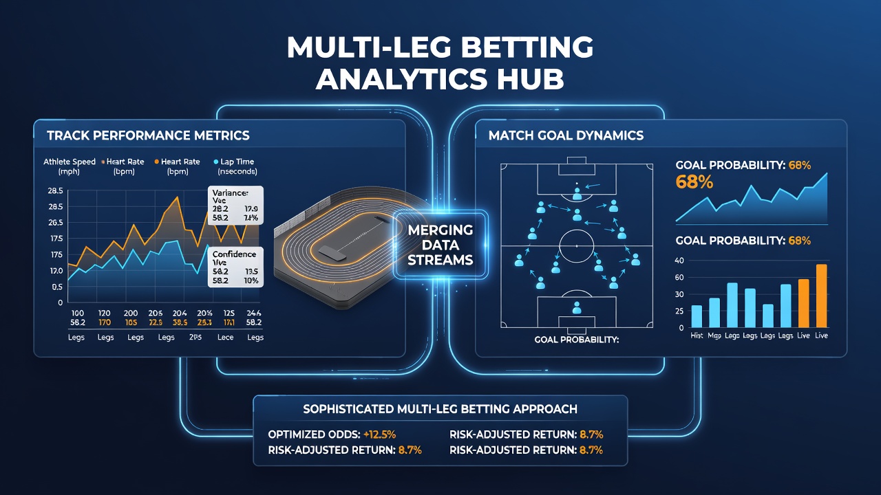 Infographic showing data fusion between horse racing track records and soccer goal trends used in accumulator strategies