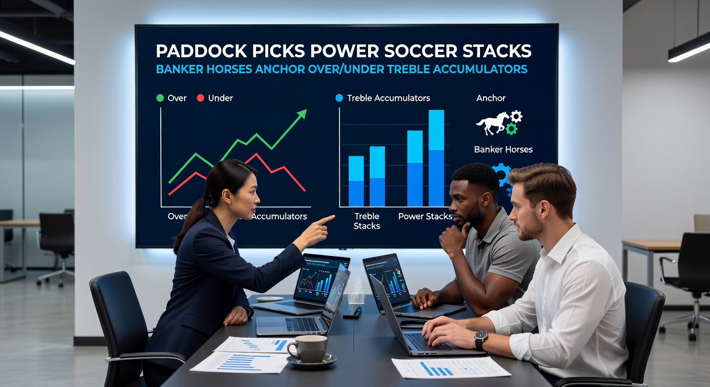 Dynamic split-image showing a soccer stadium packed with fans during an over/under thriller alongside a close-up of a confident horse parading in the paddock, illustrating the banker anchor strategy