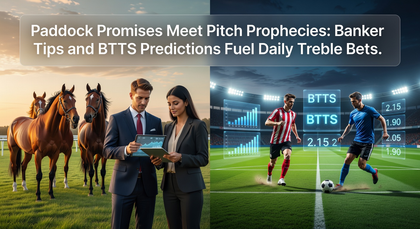 Horse racing paddock scene with jockeys preparing mounts alongside a football pitch graphic showing goal celebrations, symbolizing the fusion of banker tips and BTTS predictions in treble bets