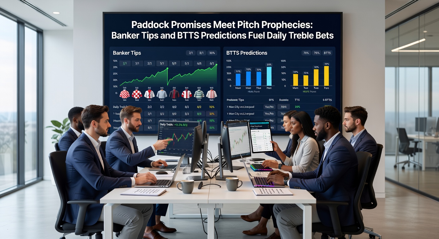 Dynamic split-image of a soccer goalmouth scramble with both nets bulging and a horse crossing the finish line ahead of the pack, capturing BTTS excitement merged with banker certainty in betting trebles