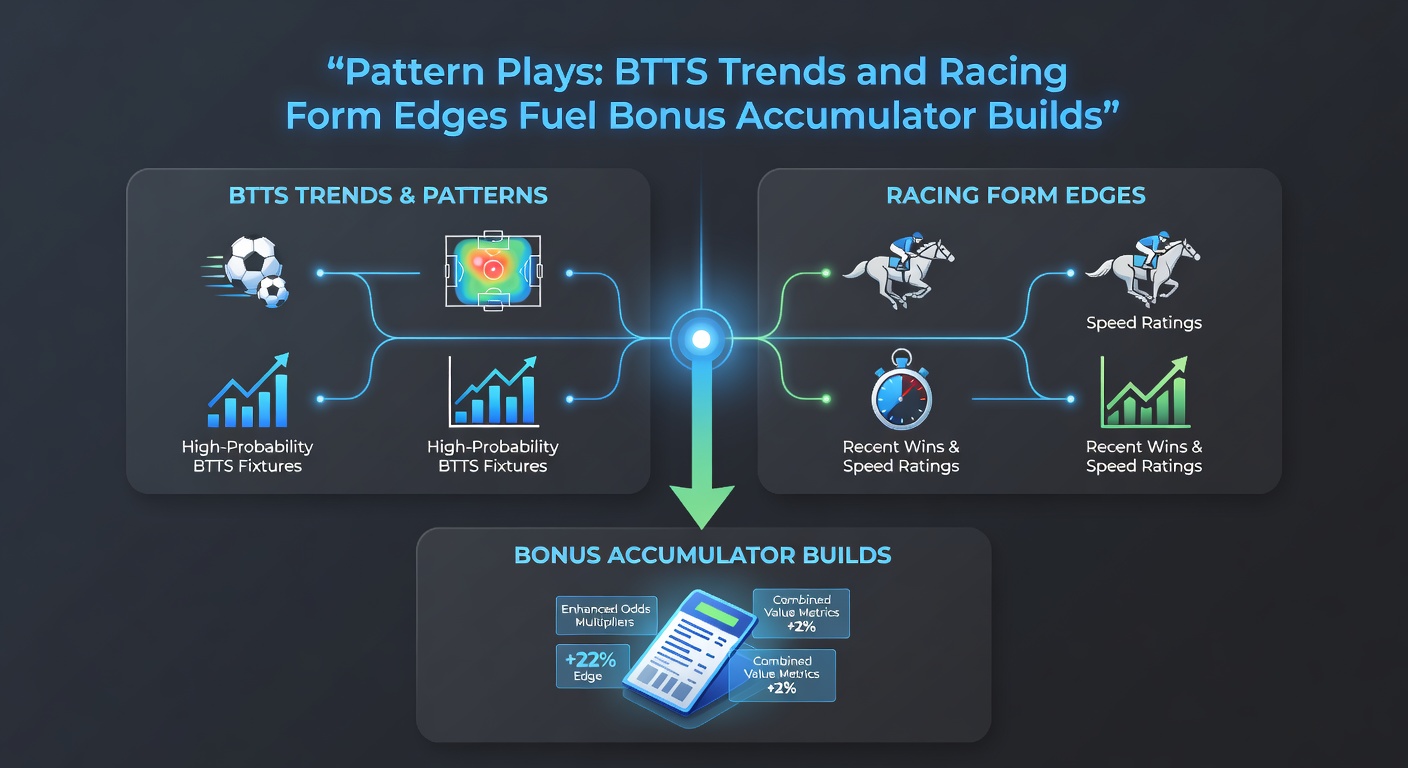 Visual breakdown of a sample accumulator slip combining BTTS soccer legs with horse racing form picks, displaying bonus multipliers