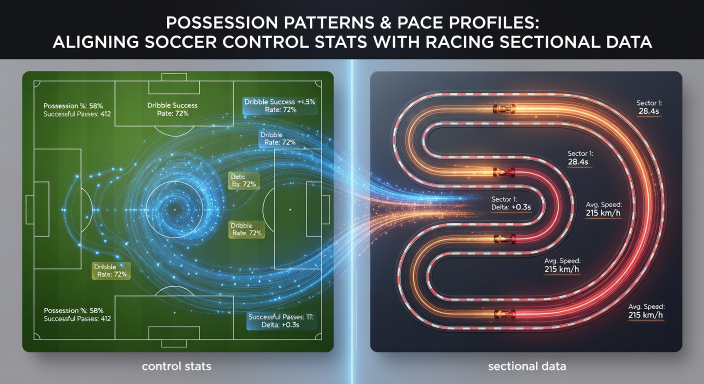 Infographic showing data alignment between soccer possession heatmaps and horse racing sectional timing charts for betting models