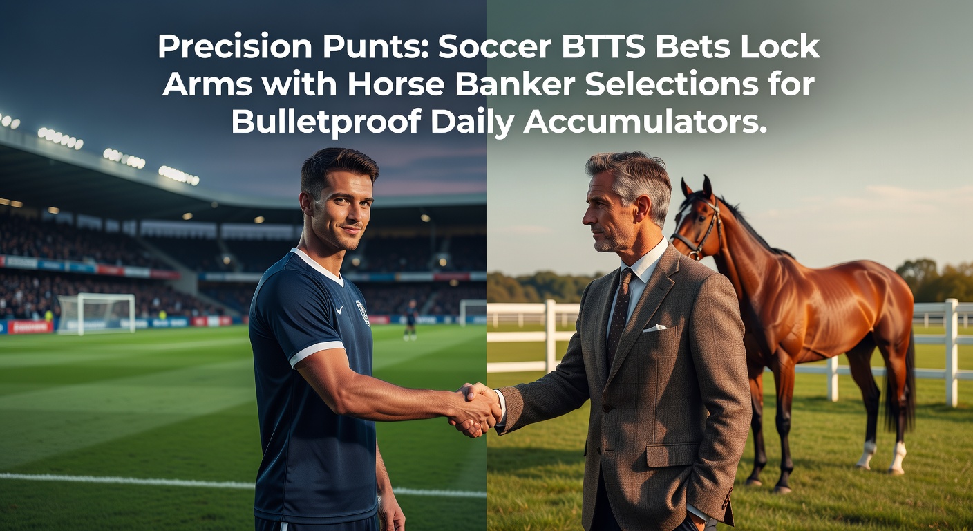 A dynamic split-image showing a soccer match with both teams scoring and a horse racing finish line, symbolizing the fusion of BTTS bets and banker selections in accumulators