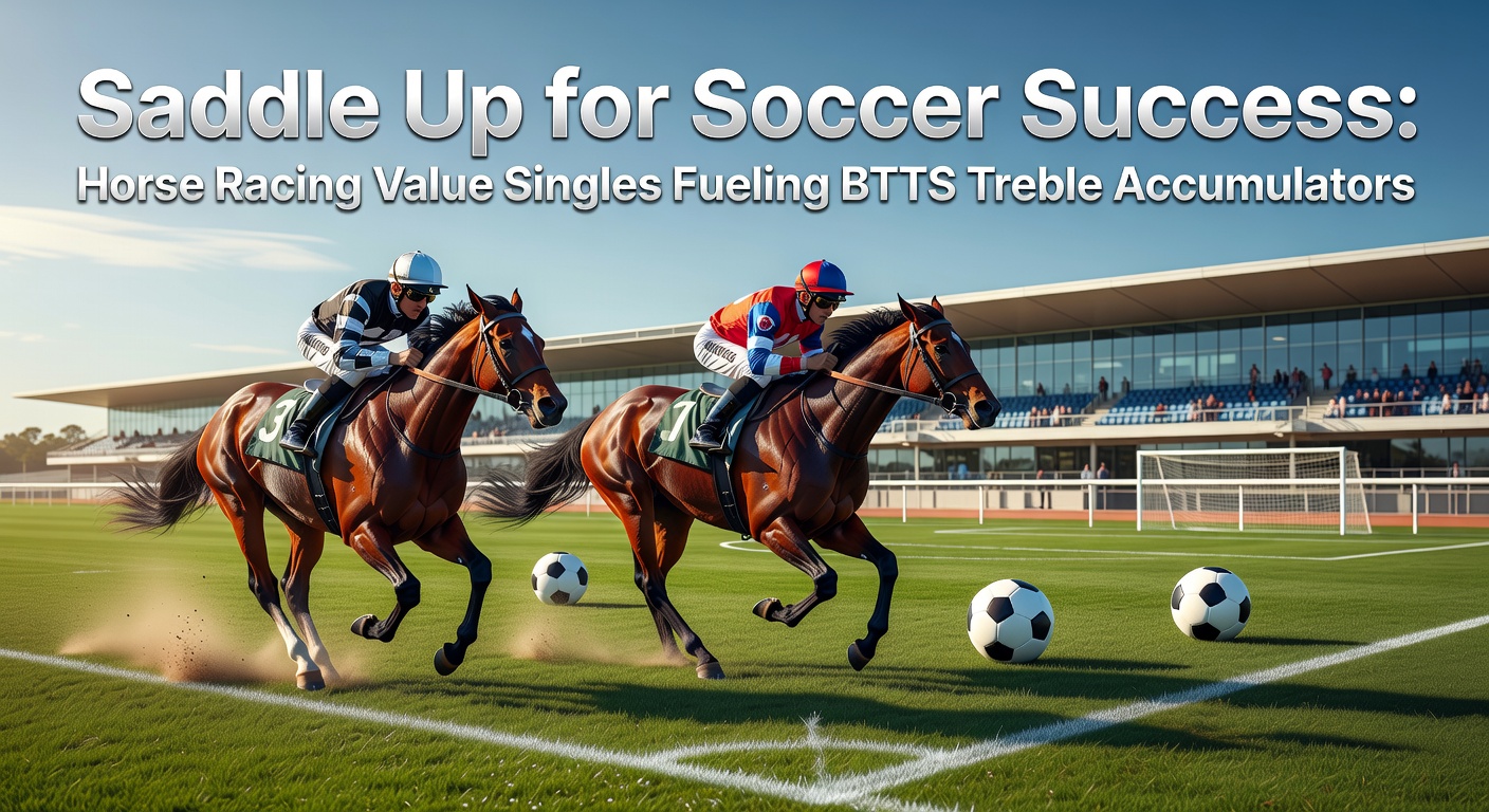 Dynamic graphic showing a horse galloping alongside soccer players celebrating a goal, symbolizing the fusion of horse racing and football betting strategies