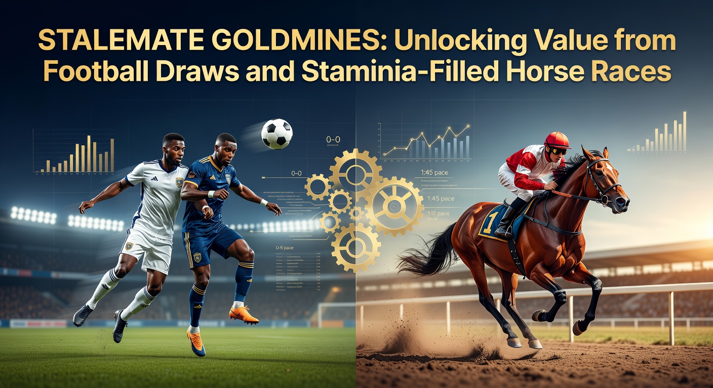 A tense football match ending in a draw, with players exhausted on the pitch, overlaid with odds charts showing value bets; beside it, horses thundering down a long straight in a stamina-testing race under rainy skies