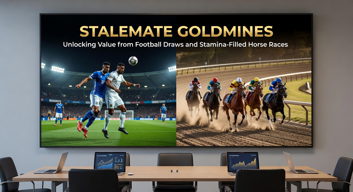 Split image of a football scoreboard locked at 1-1 during a rainy draw, next to a pack of tired horses battling up the home straight in a staying chase, with betting slips and odds highlighted