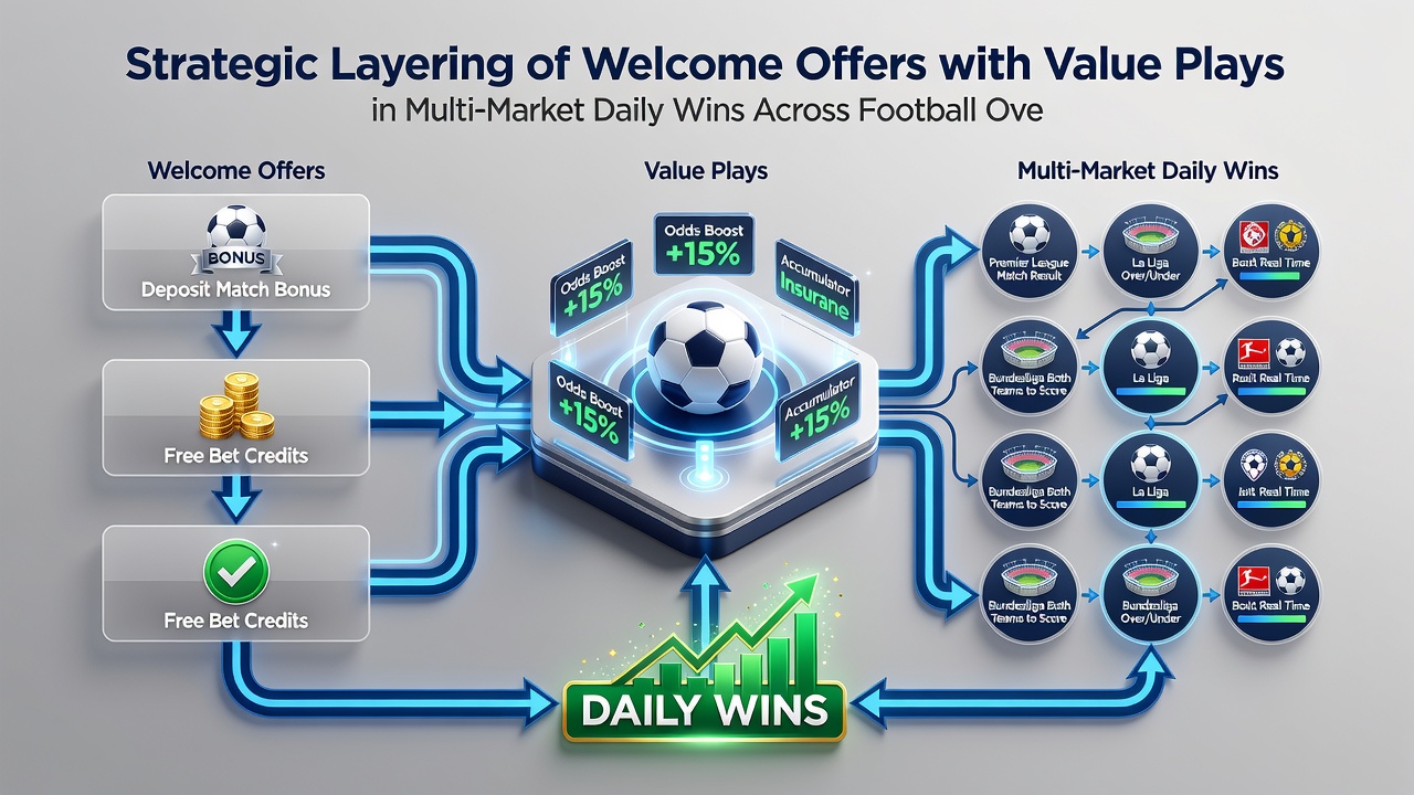 Example accumulator slip displaying layered welcome bonus usage across football over under and horse racing treble selections