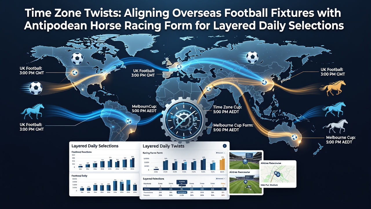 Global clock overlays showing football matches and Australian horse races aligned across time zones for daily betting layers