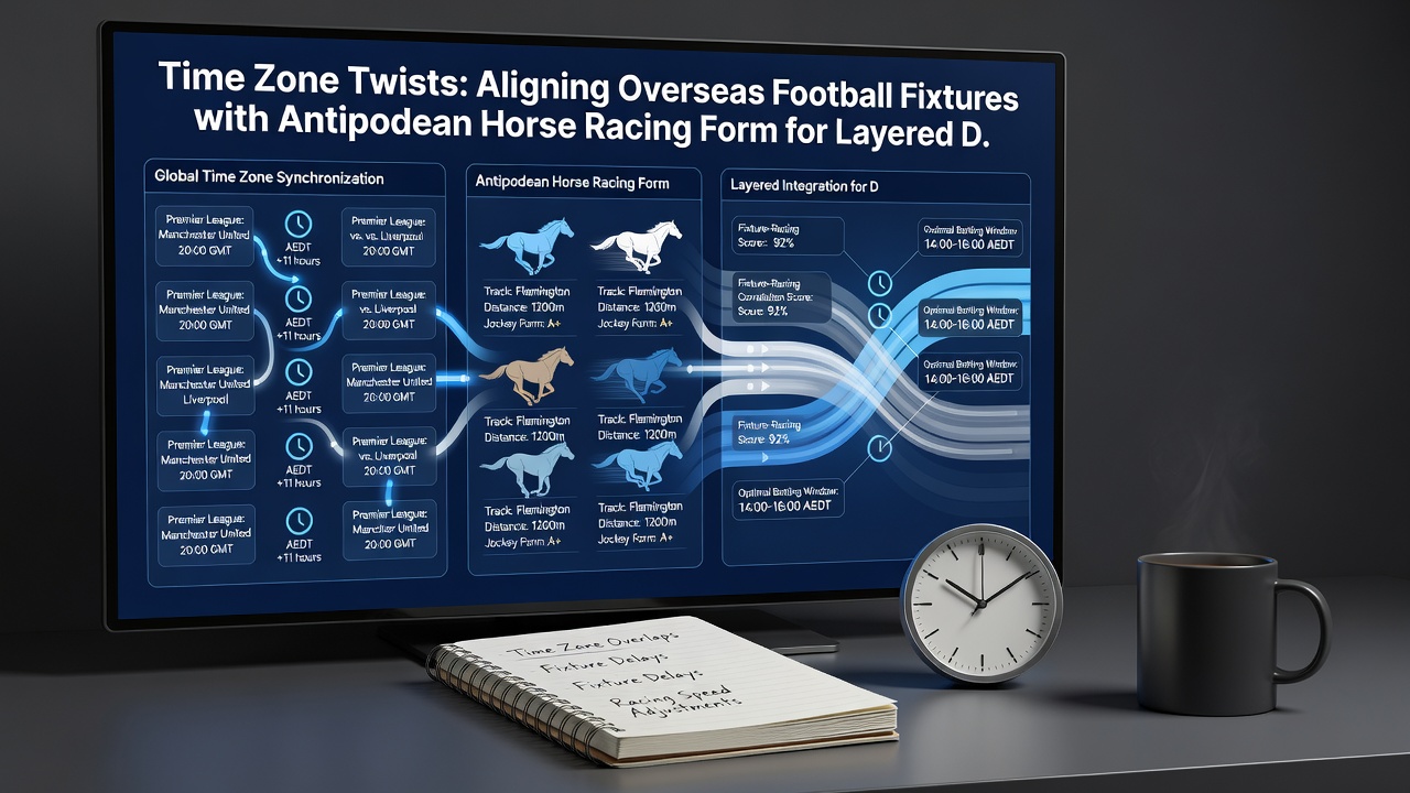 Split-screen view of a Flemington racecourse and a European football stadium with synchronized clocks