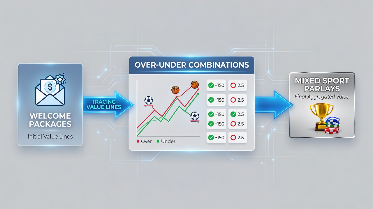Diagram illustrating value tracing across welcome packages and over-under parlay legs in mixed sports betting