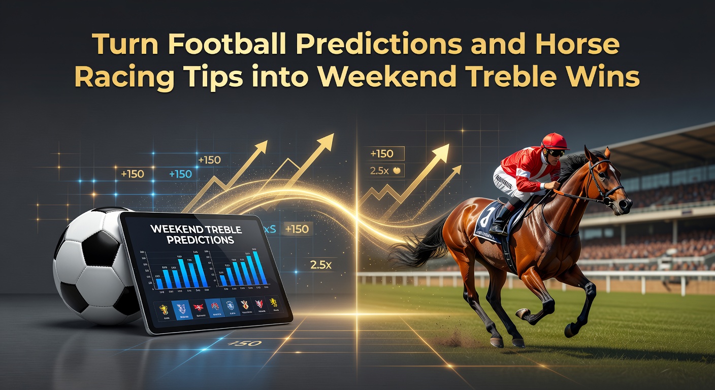 Vibrant scene of a soccer match colliding with horse racing action, symbolizing blended betting strategies for weekend trebles