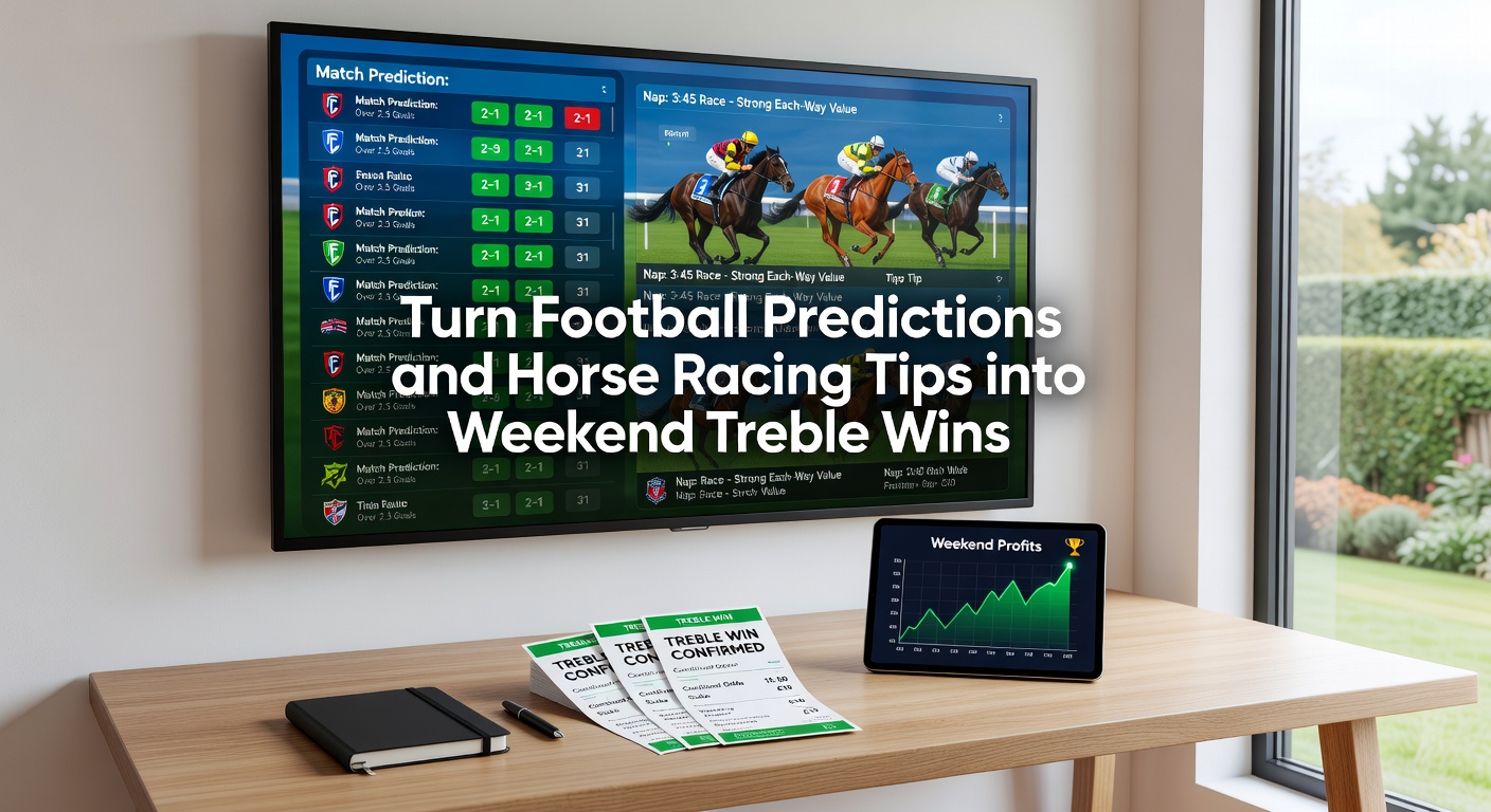 Dynamic graphic of a treble bet slip featuring soccer goals, horse racing finishes, and exploding payout icons for weekend success