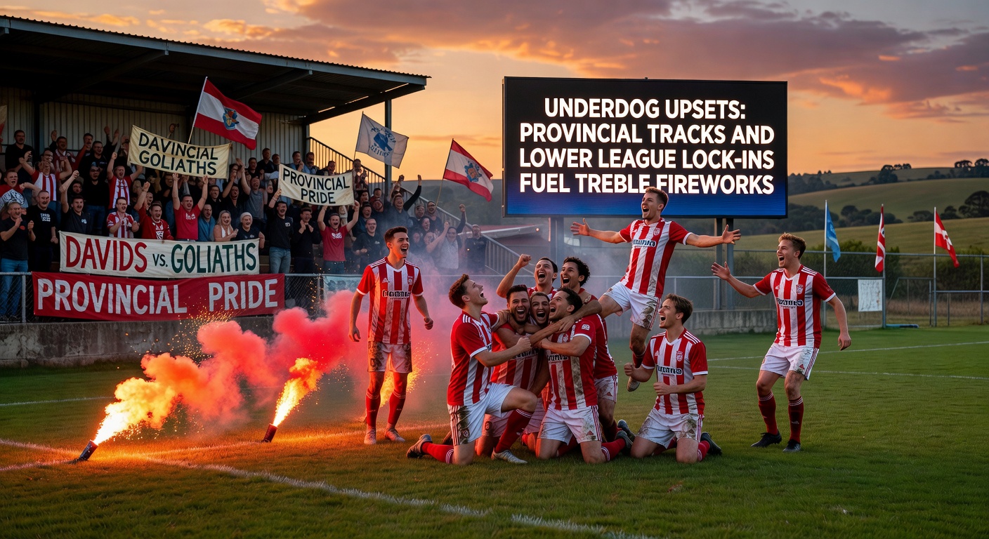 Punters celebrate a massive treble win on mobile screens, overlaying soccer scoreboard and horse racing replay