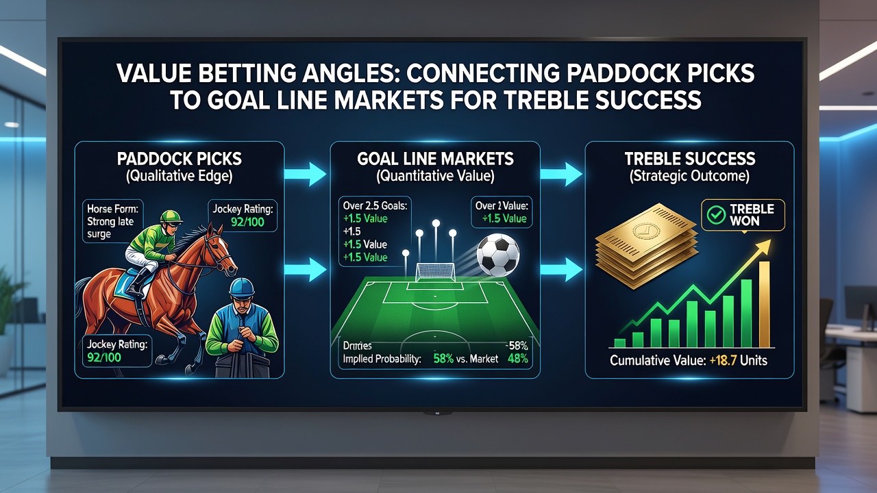 Composite image showing horse racing paddock and soccer goal line statistics side by side