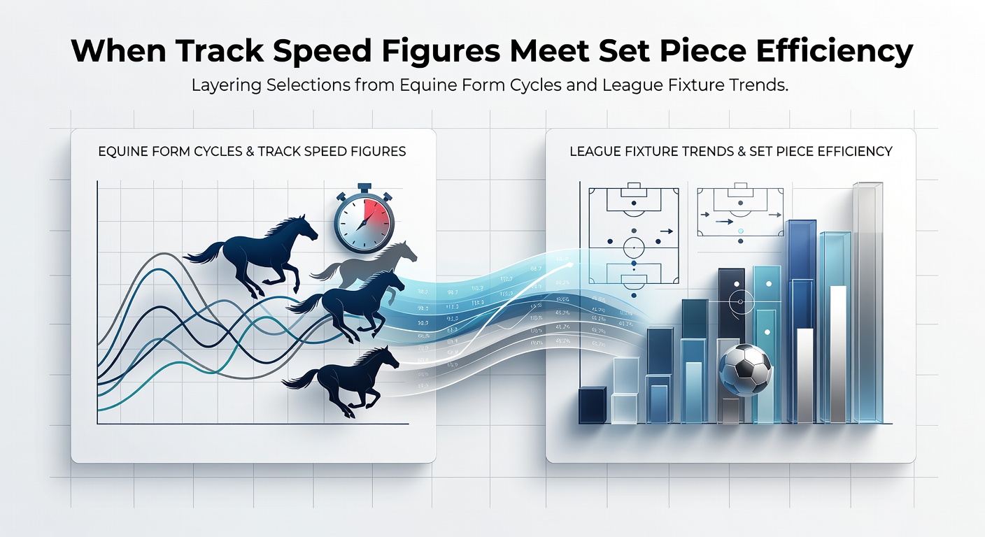 Horse racing track with speed figure overlays alongside soccer pitch set piece analysis charts